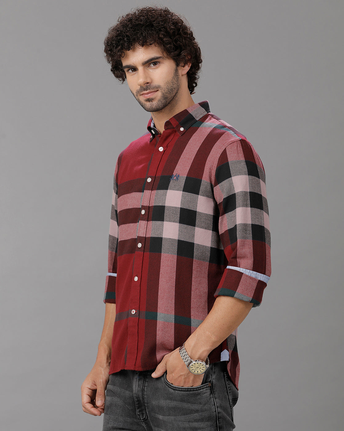 Maroon Brushed Twill Checks Shirt