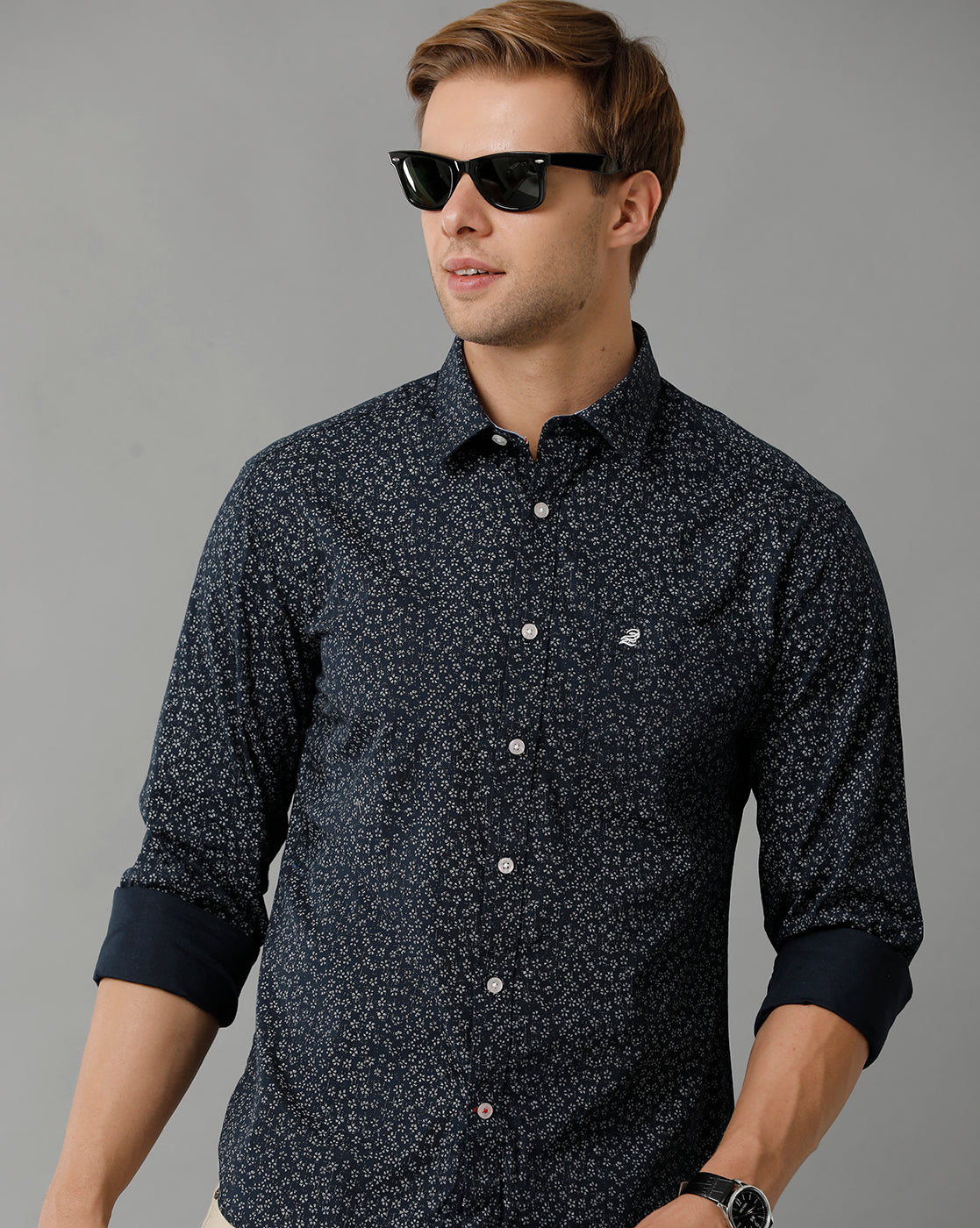 Navy Blue Floral Print Shirt.