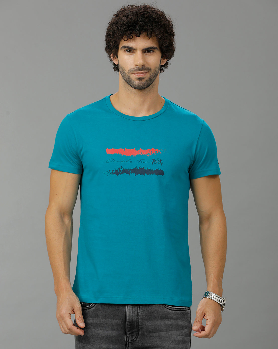 Turquoise Fashion Printed Cotton Crew Neck T-Shirt