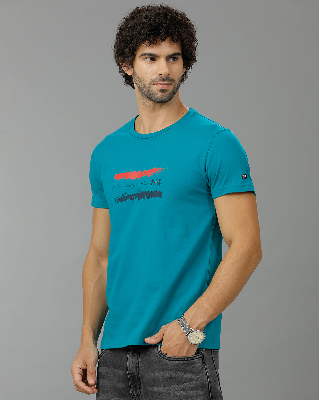 Turquoise Fashion Printed Cotton Crew Neck T-Shirt