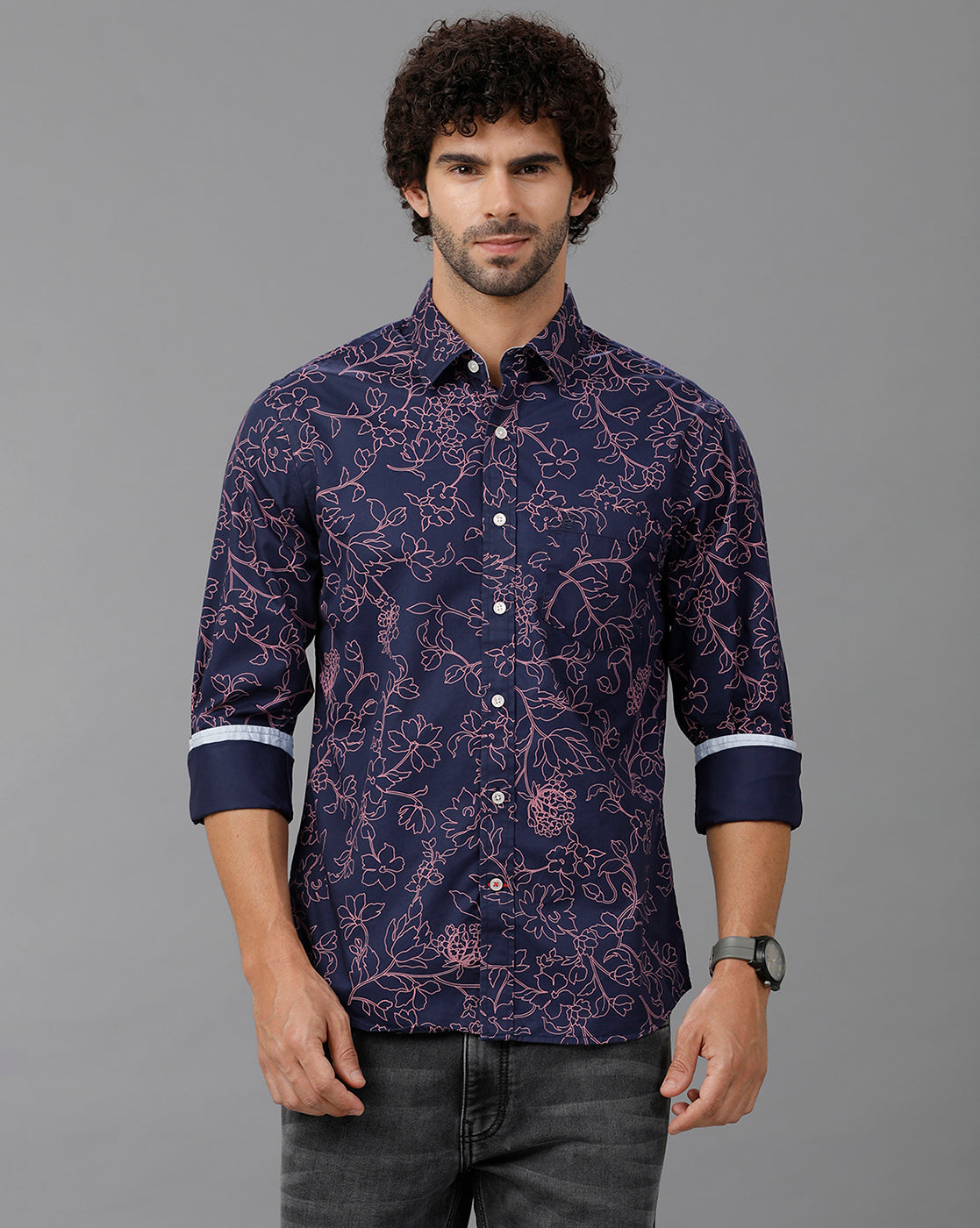 Nave Blue Printed Casual Shirt