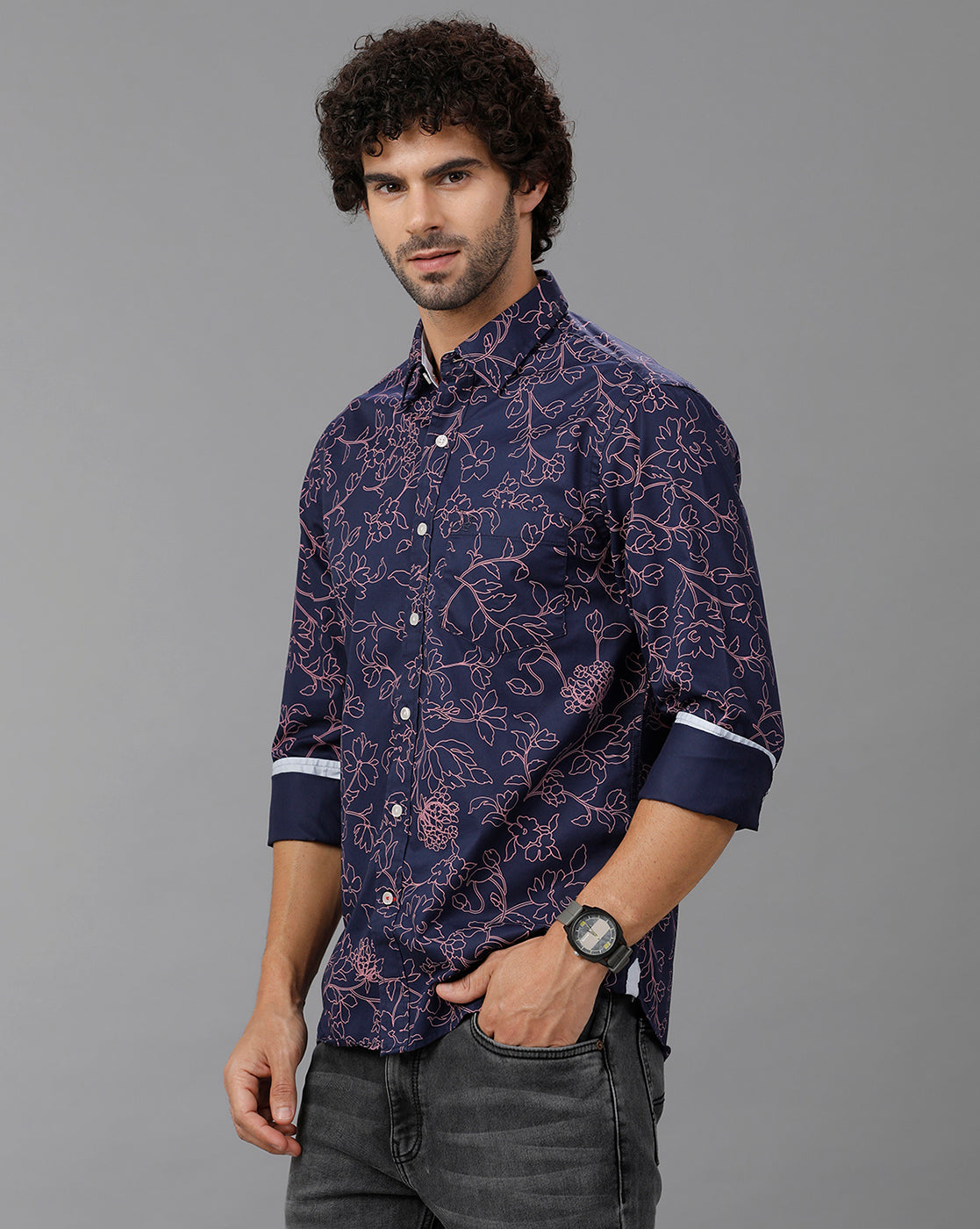 Nave Blue Printed Casual Shirt