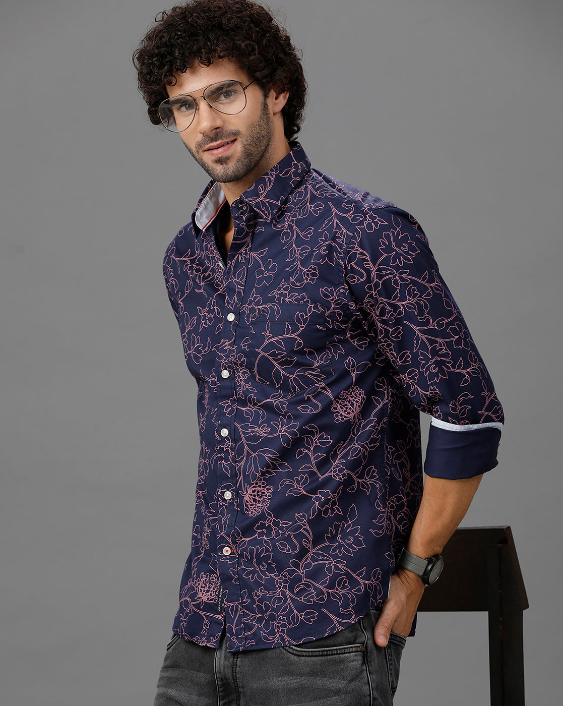 Nave Blue Printed Casual Shirt