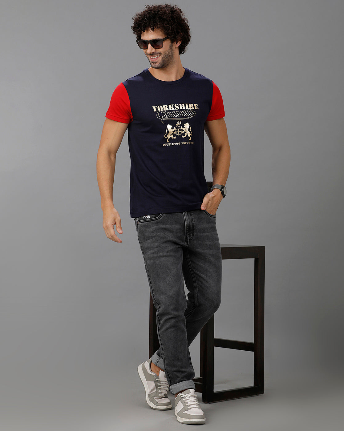 Red/Navy Fashion Printed Cotton Crew Neck T-Shirt