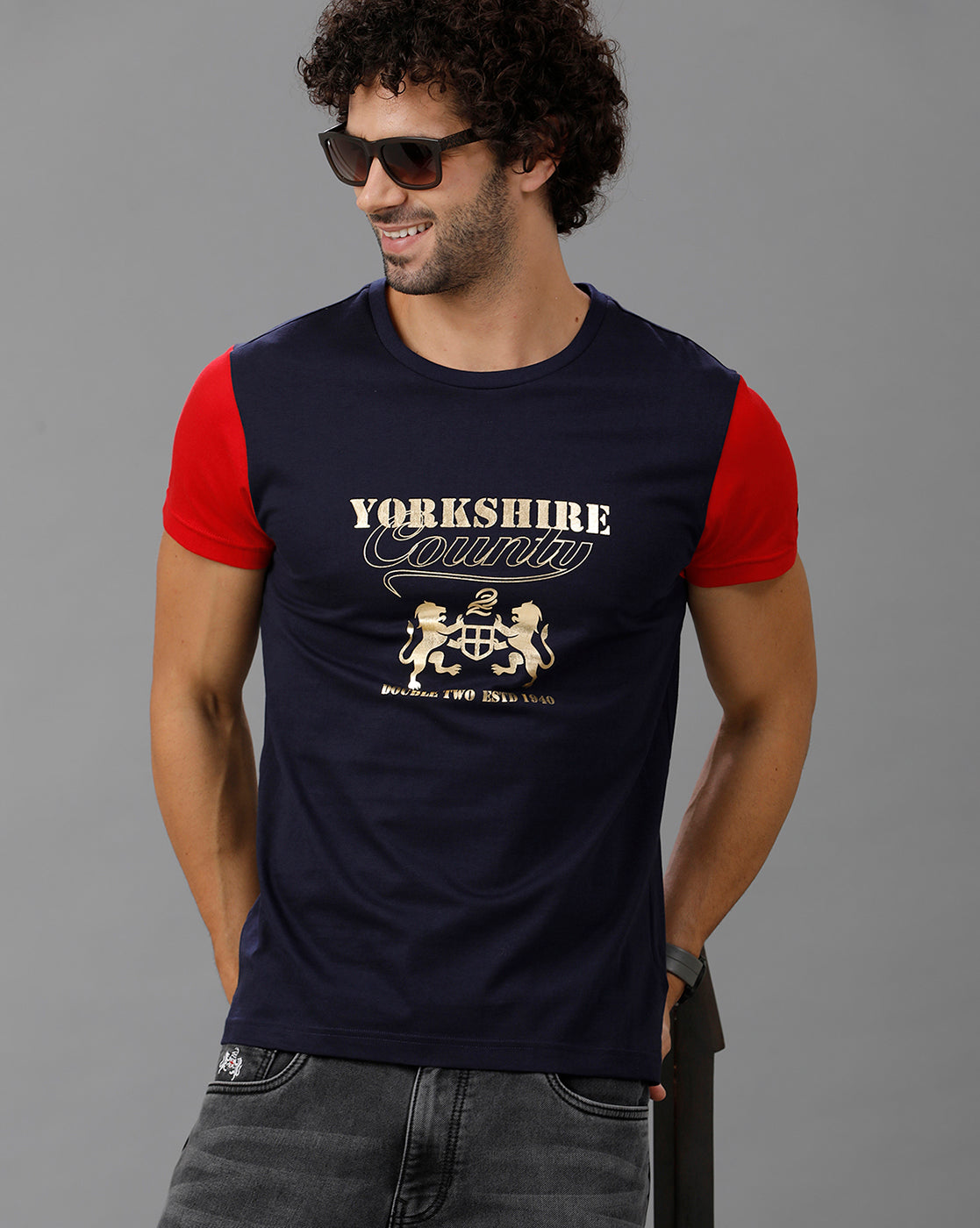 Red/Navy Fashion Printed Cotton Crew Neck T-Shirt