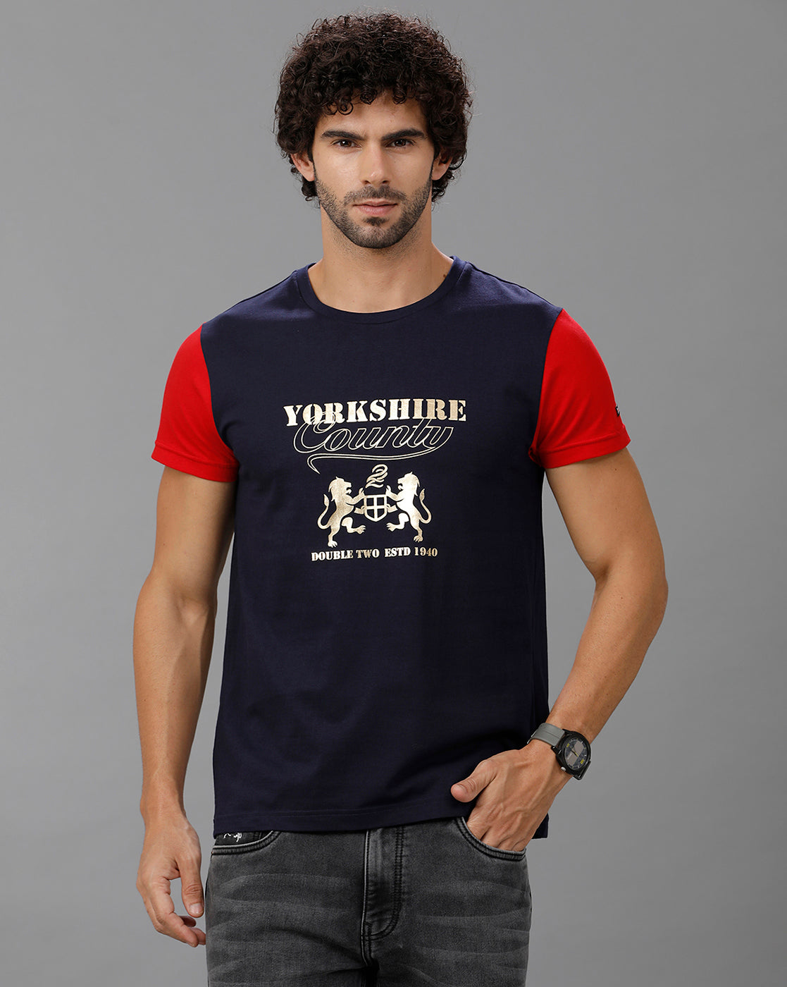 Red/Navy Fashion Printed Cotton Crew Neck T-Shirt