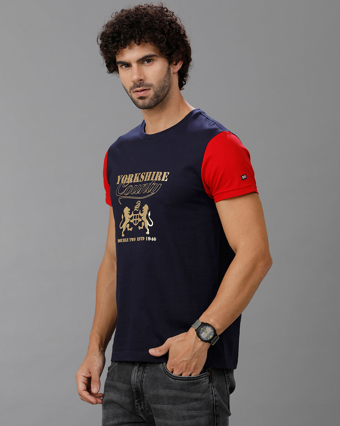 Red/Navy Fashion Printed Cotton Crew Neck T-Shirt