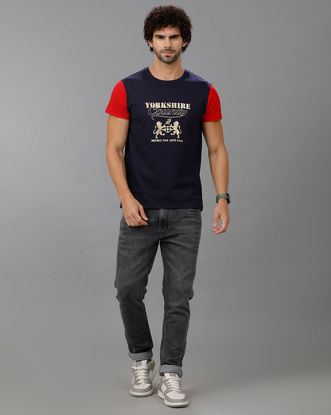 Red/Navy Fashion Printed Cotton Crew Neck T-Shirt