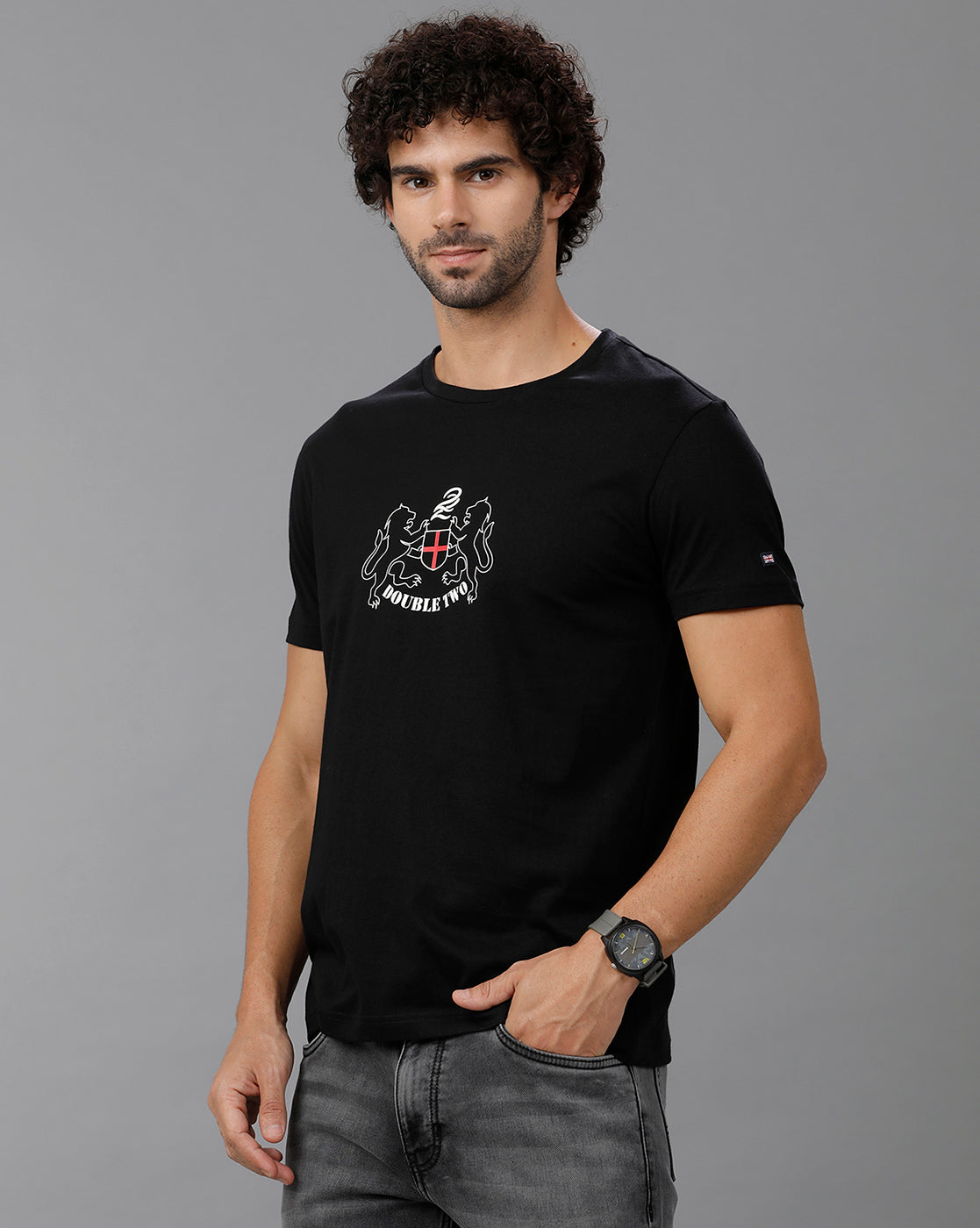 Black Fashion Printed Cotton Crew Neck T-Shirt