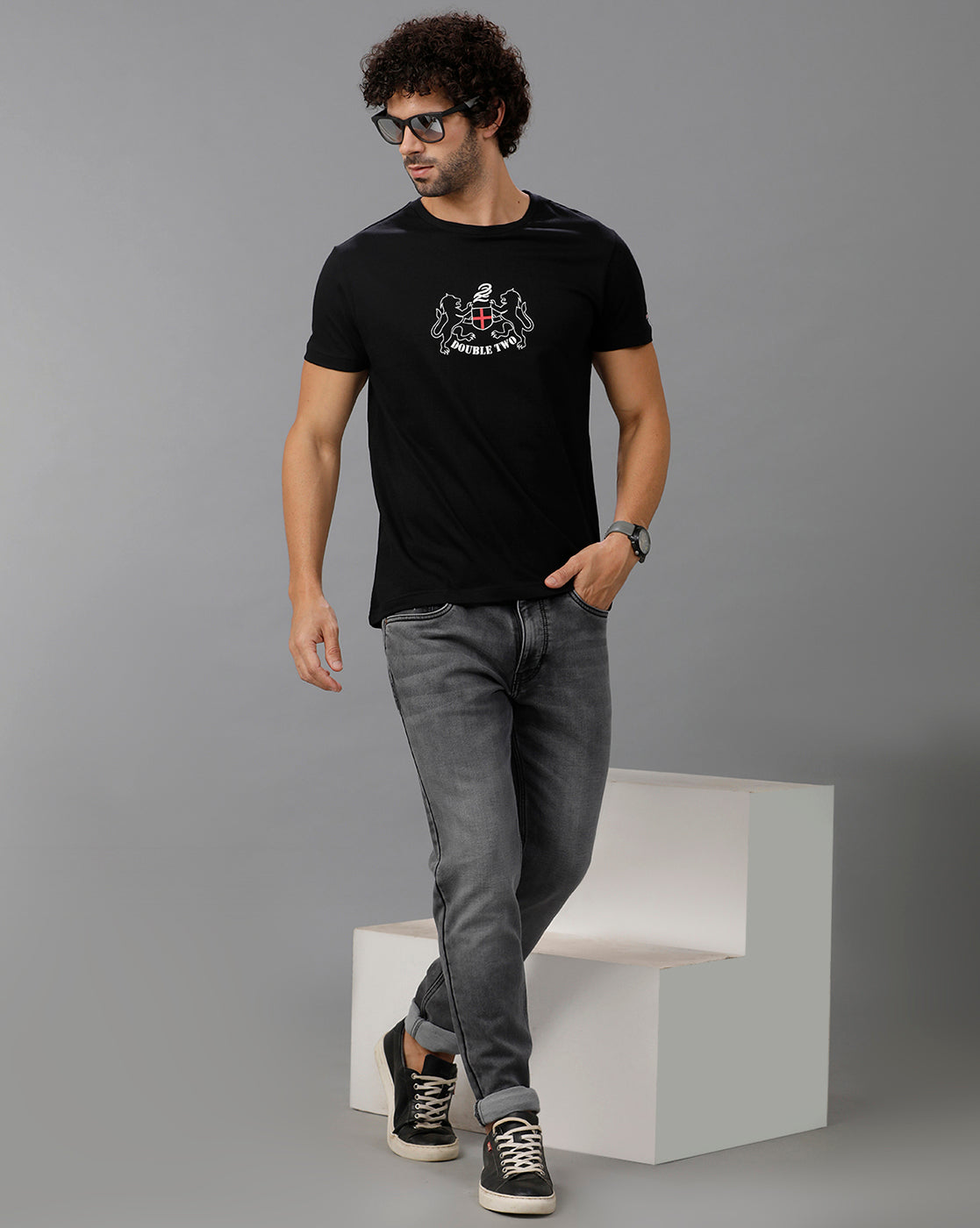 Black Fashion Printed Cotton Crew Neck T-Shirt