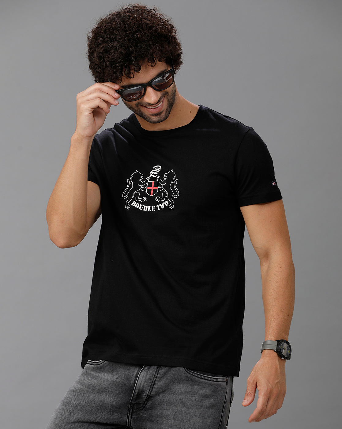 Black Fashion Printed Cotton Crew Neck T-Shirt