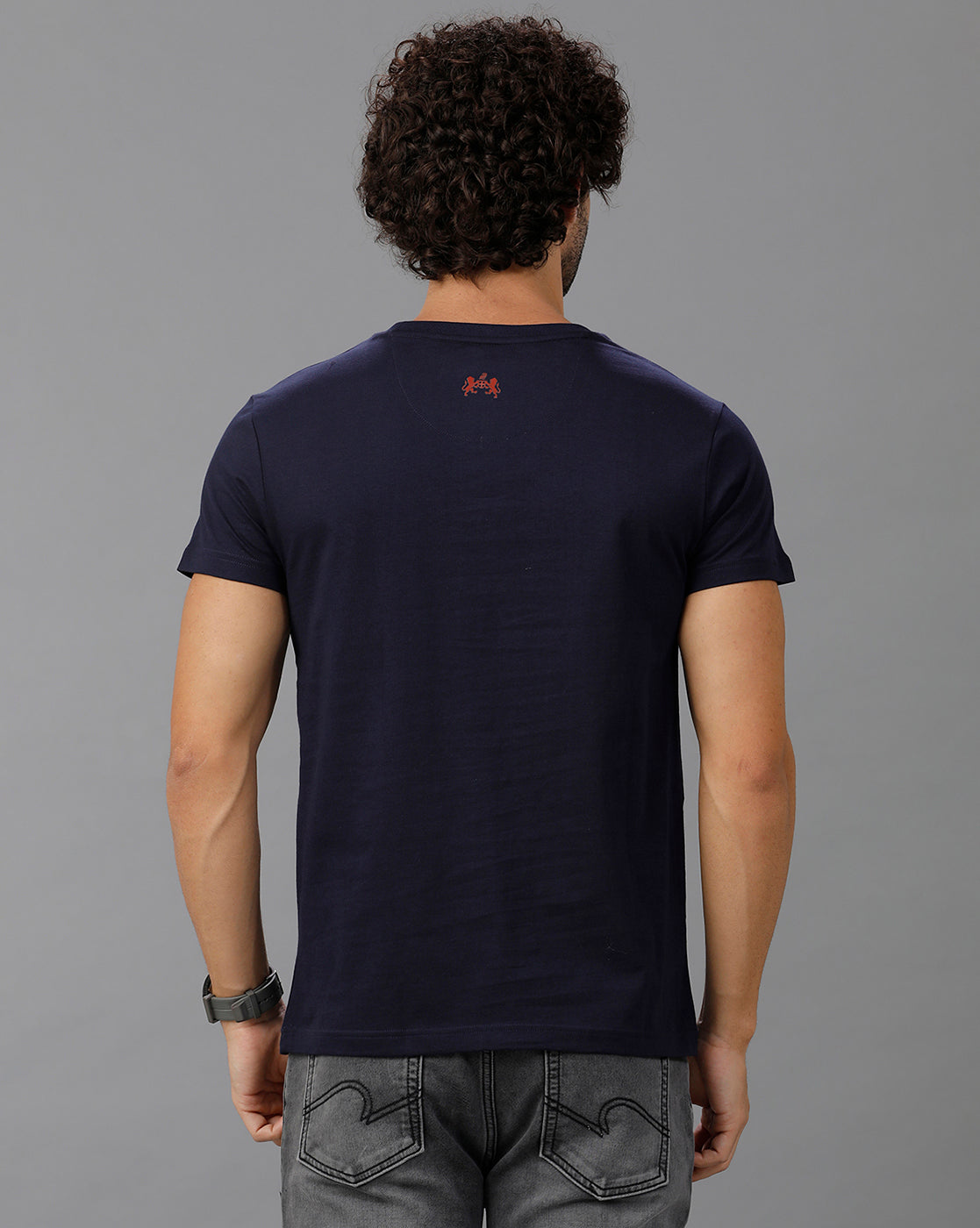 Navy Blue Fashion Printed Cotton Crew Neck T-Shirt