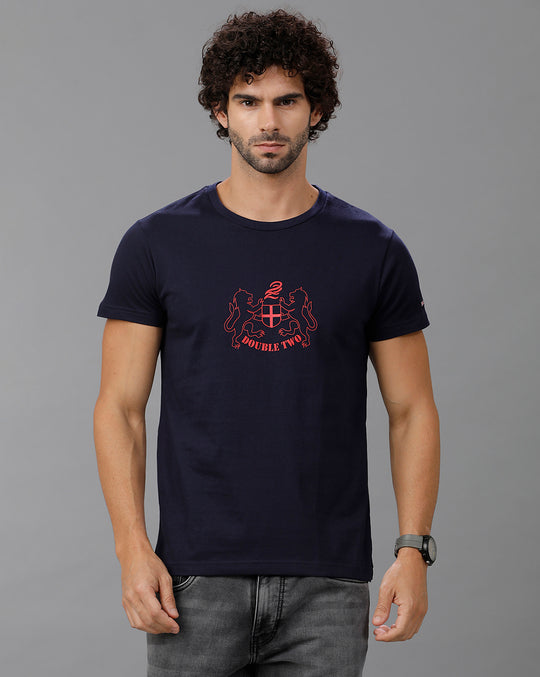 Navy Blue Fashion Printed Cotton Crew Neck T-Shirt