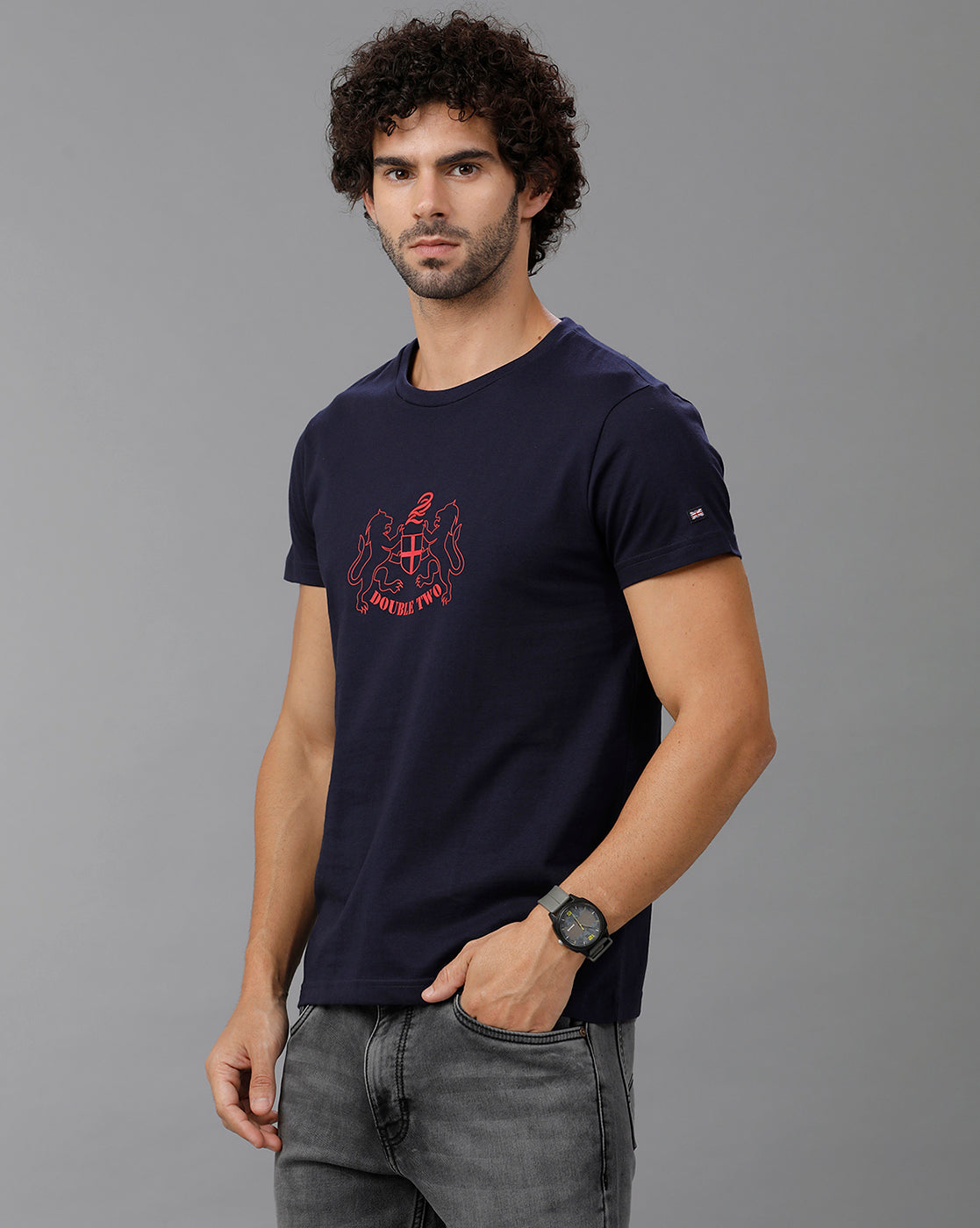 Navy Blue Fashion Printed Cotton Crew Neck T-Shirt