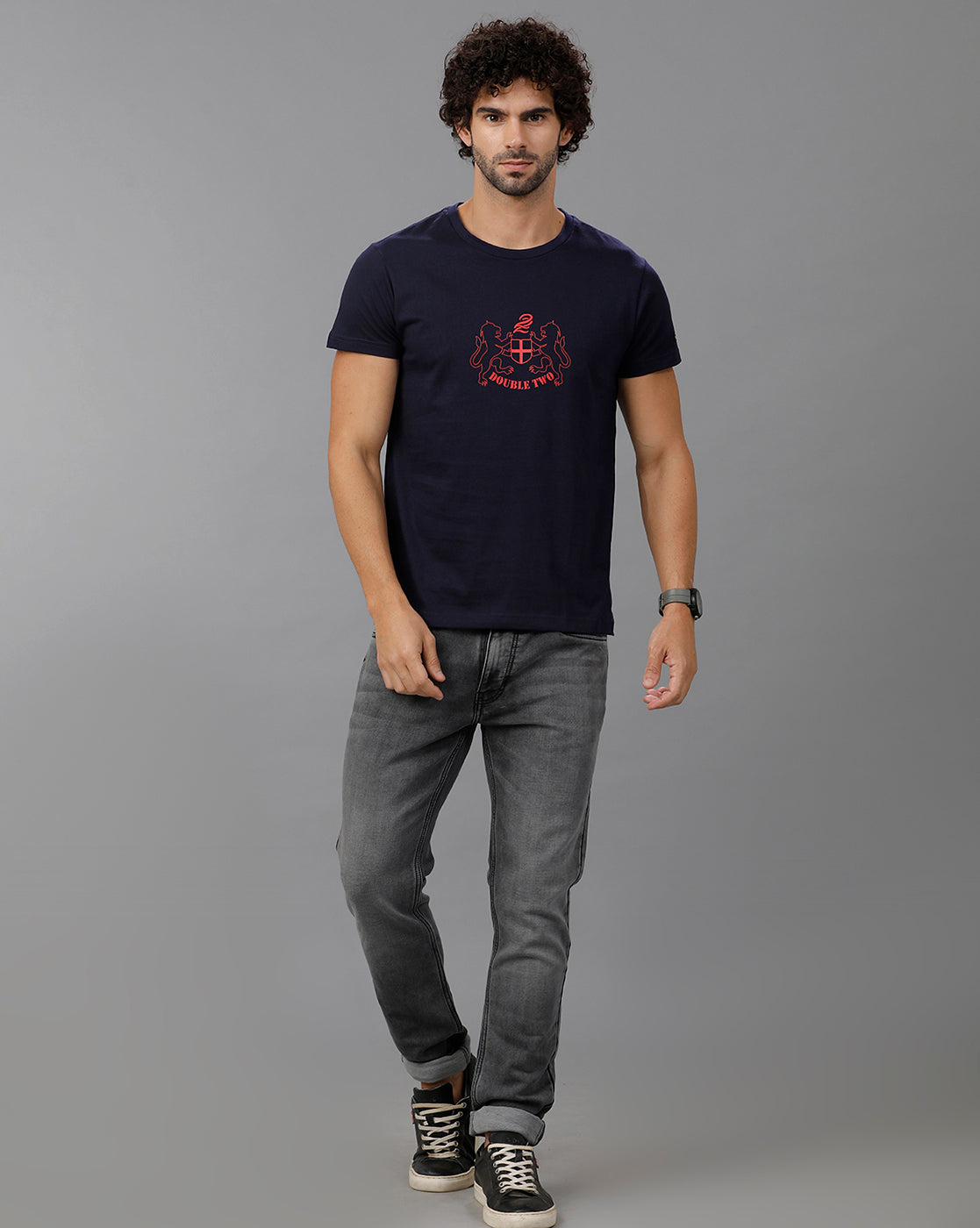 Navy Blue Fashion Printed Cotton Crew Neck T-Shirt