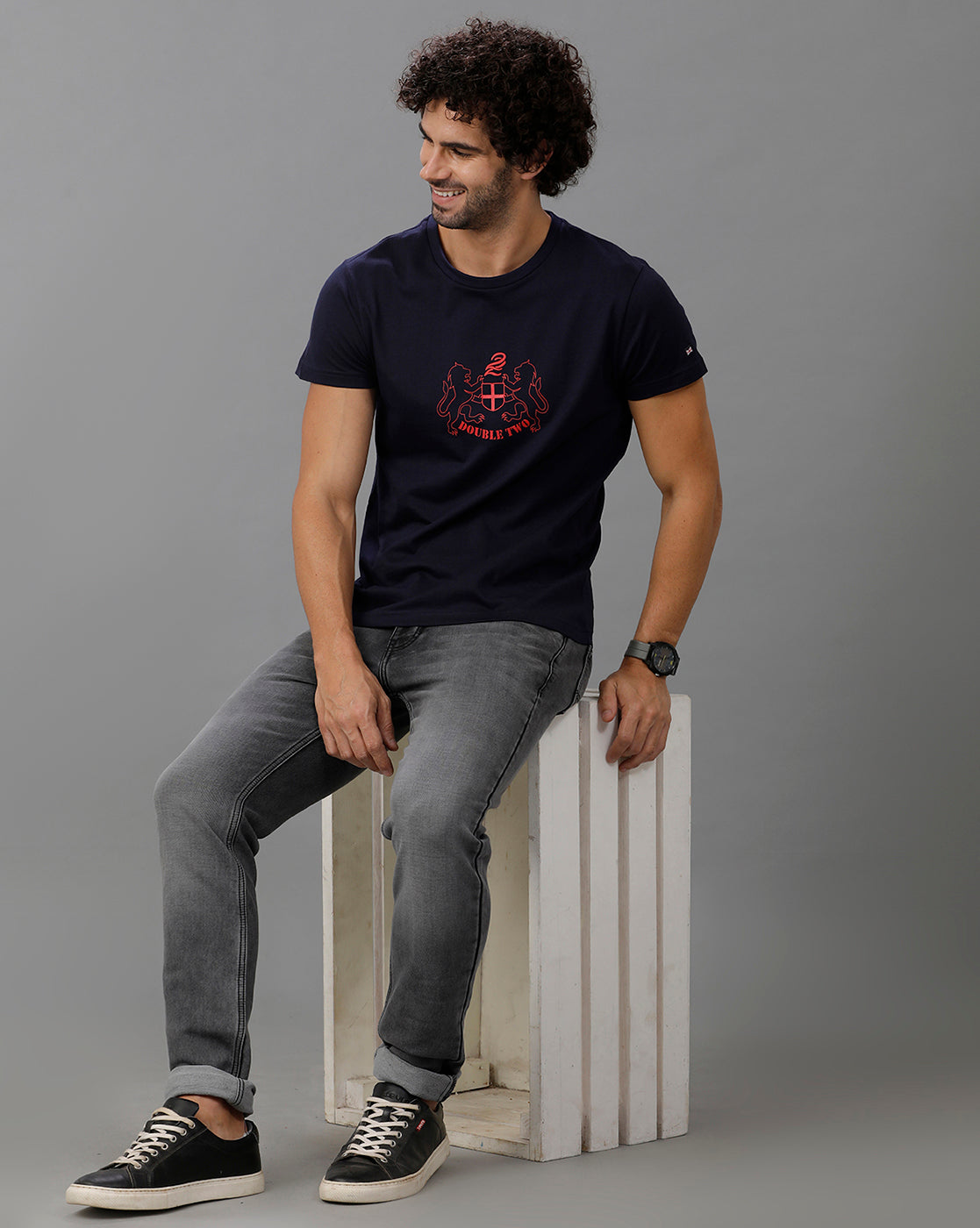 Navy Blue Fashion Printed Cotton Crew Neck T-Shirt