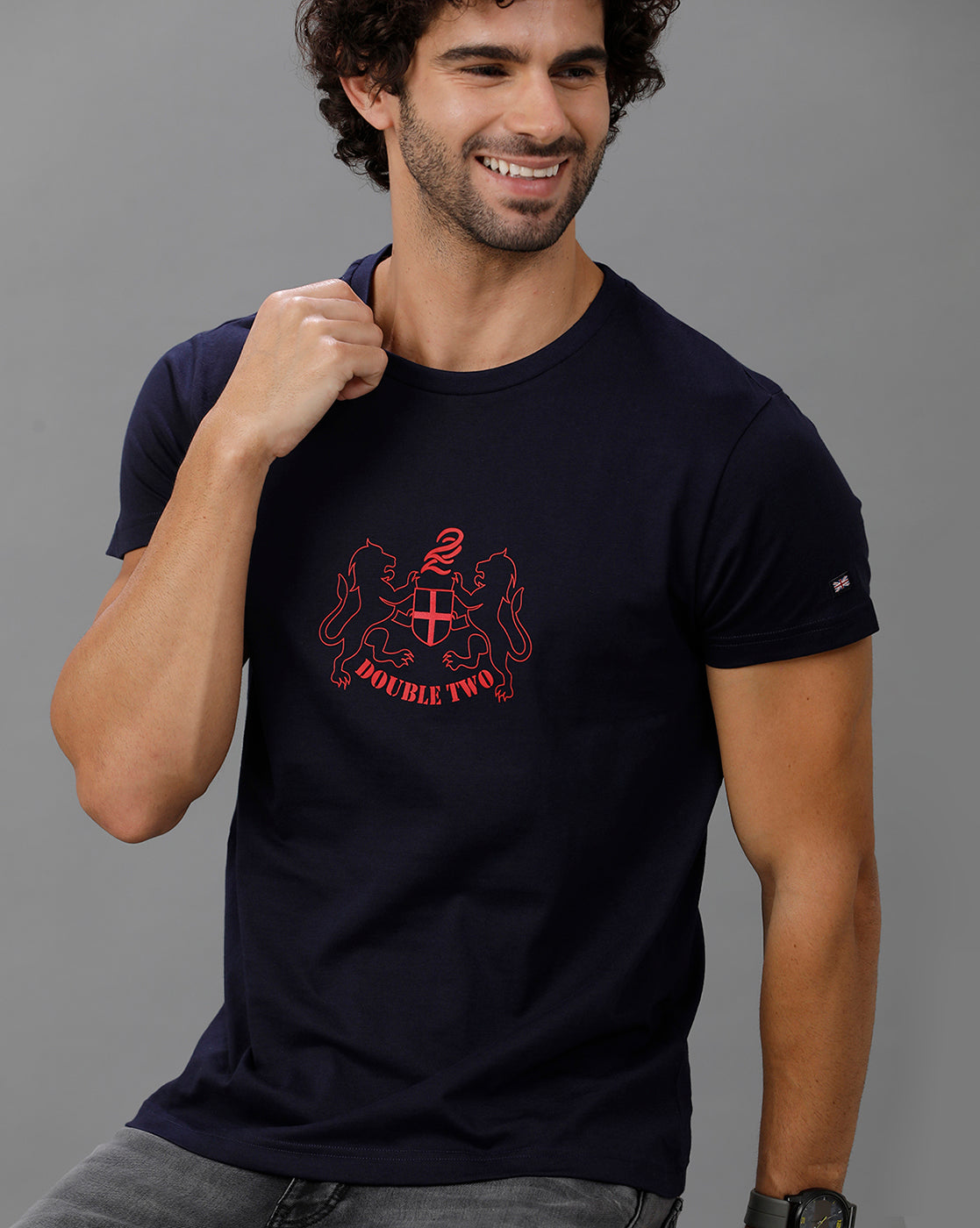 Navy Blue Fashion Printed Cotton Crew Neck T-Shirt