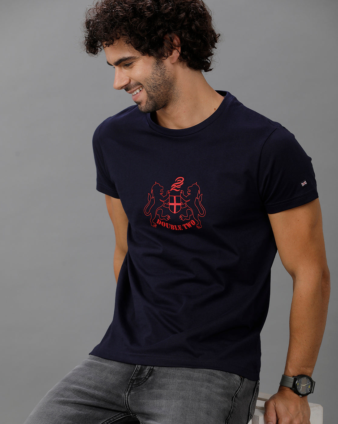 Navy Blue Fashion Printed Cotton Crew Neck T-Shirt