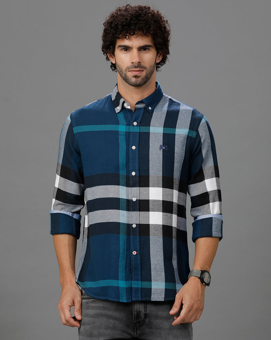 Turquoise Brushed Twill Checks Shirt