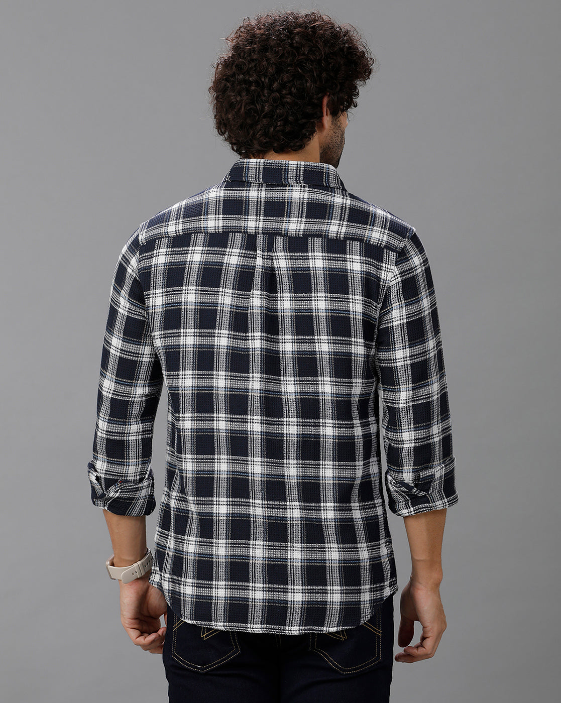 Navy Blue Waffle Checks Shirt