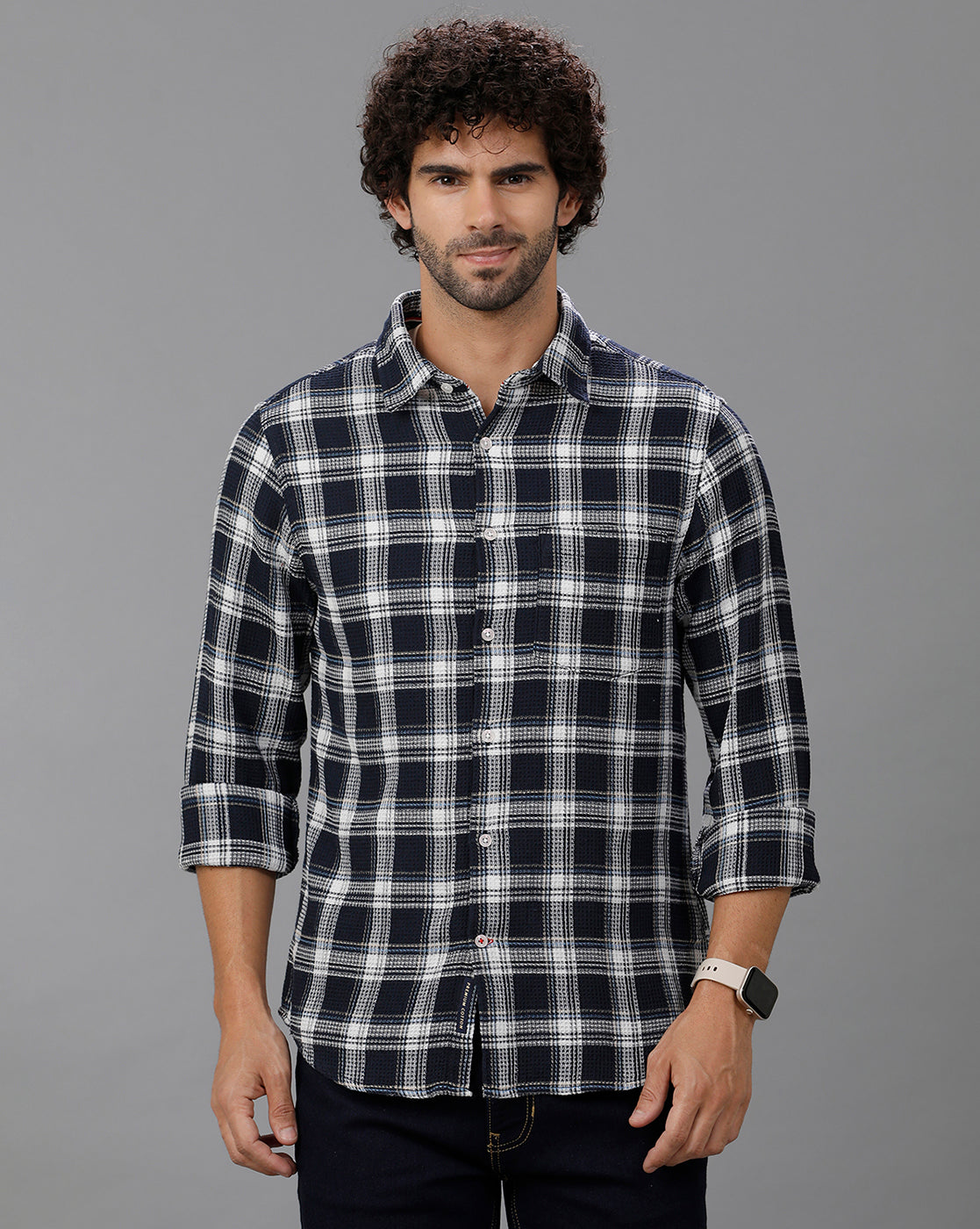 Navy Blue Waffle Checks Shirt