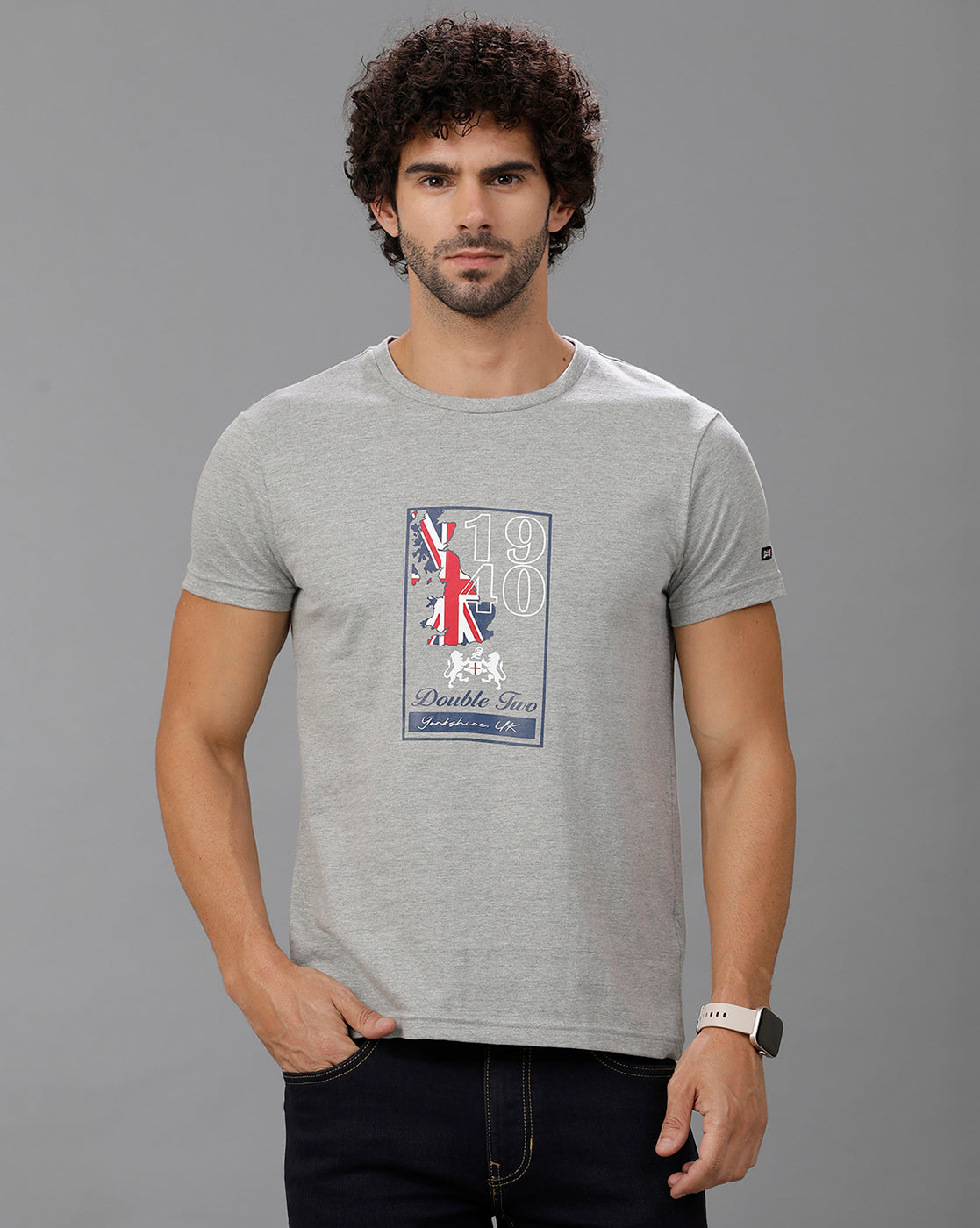 Grey Fashion Printed Cotton Crew Neck T-Shirt