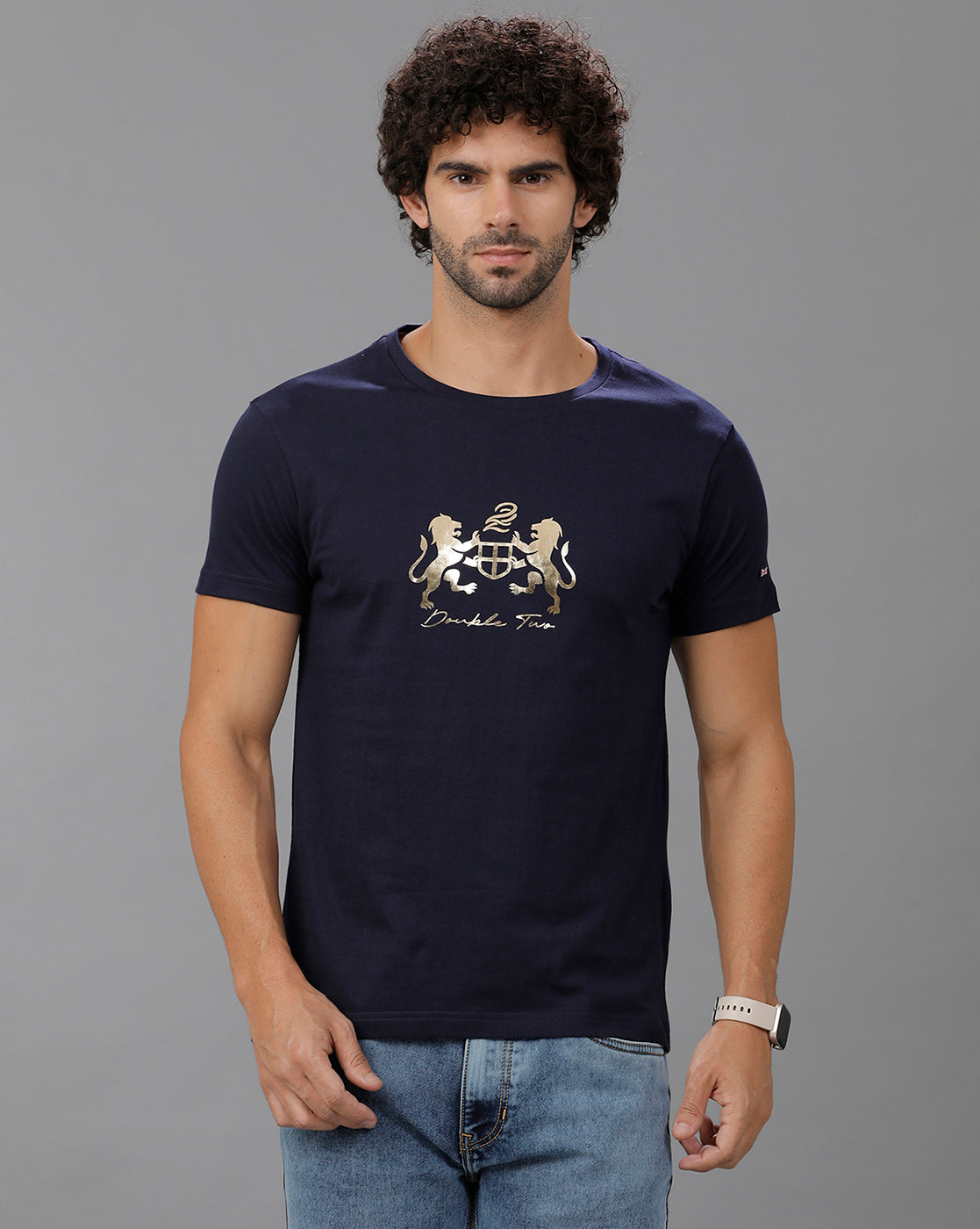 Navy Blue Fashion Printed Cotton Crew Neck T-Shirt