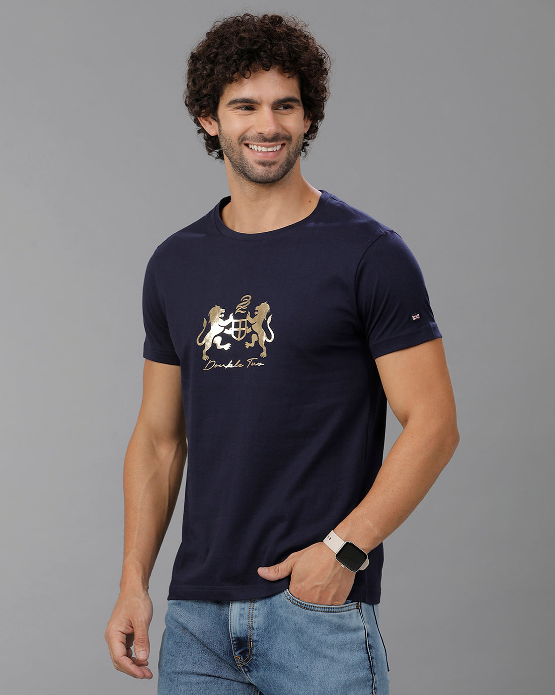 Navy Blue Fashion Printed Cotton Crew Neck T-Shirt