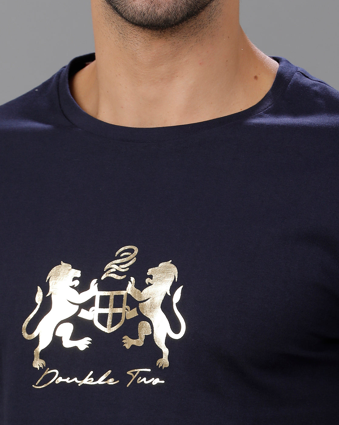 Navy Blue Fashion Printed Cotton Crew Neck T-Shirt