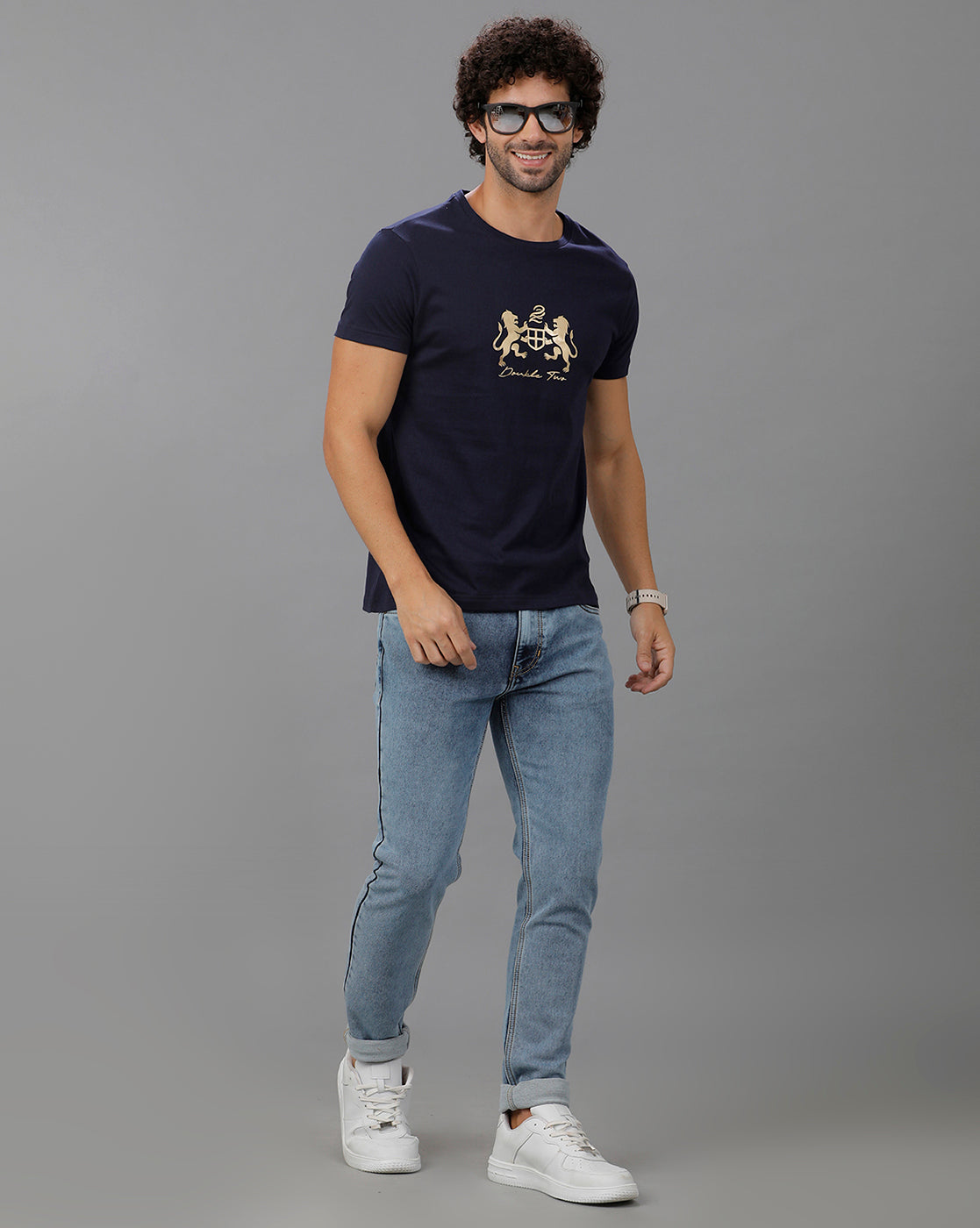 Navy Blue Fashion Printed Cotton Crew Neck T-Shirt