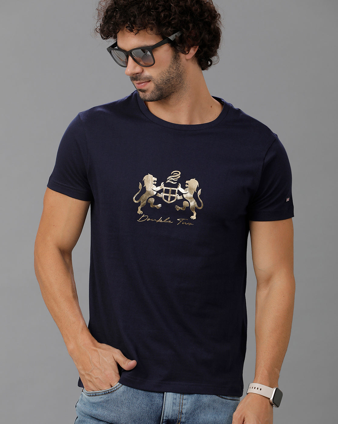 Navy Blue Fashion Printed Cotton Crew Neck T-Shirt