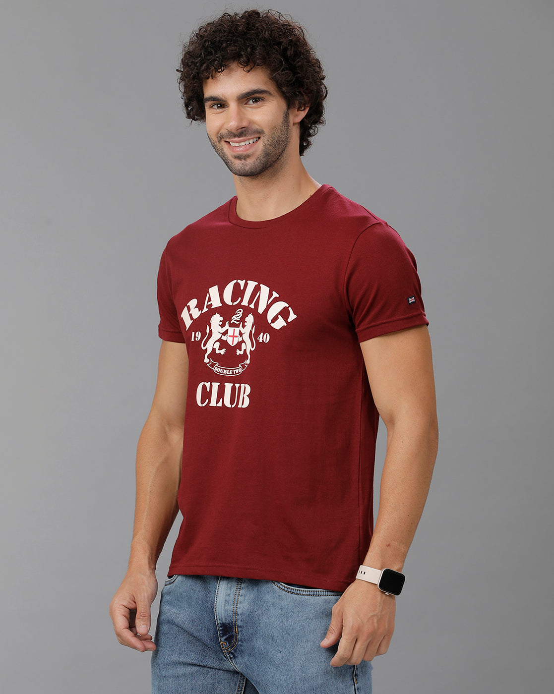 Wine Fashion Printed Cotton Crew Neck T-Shirt