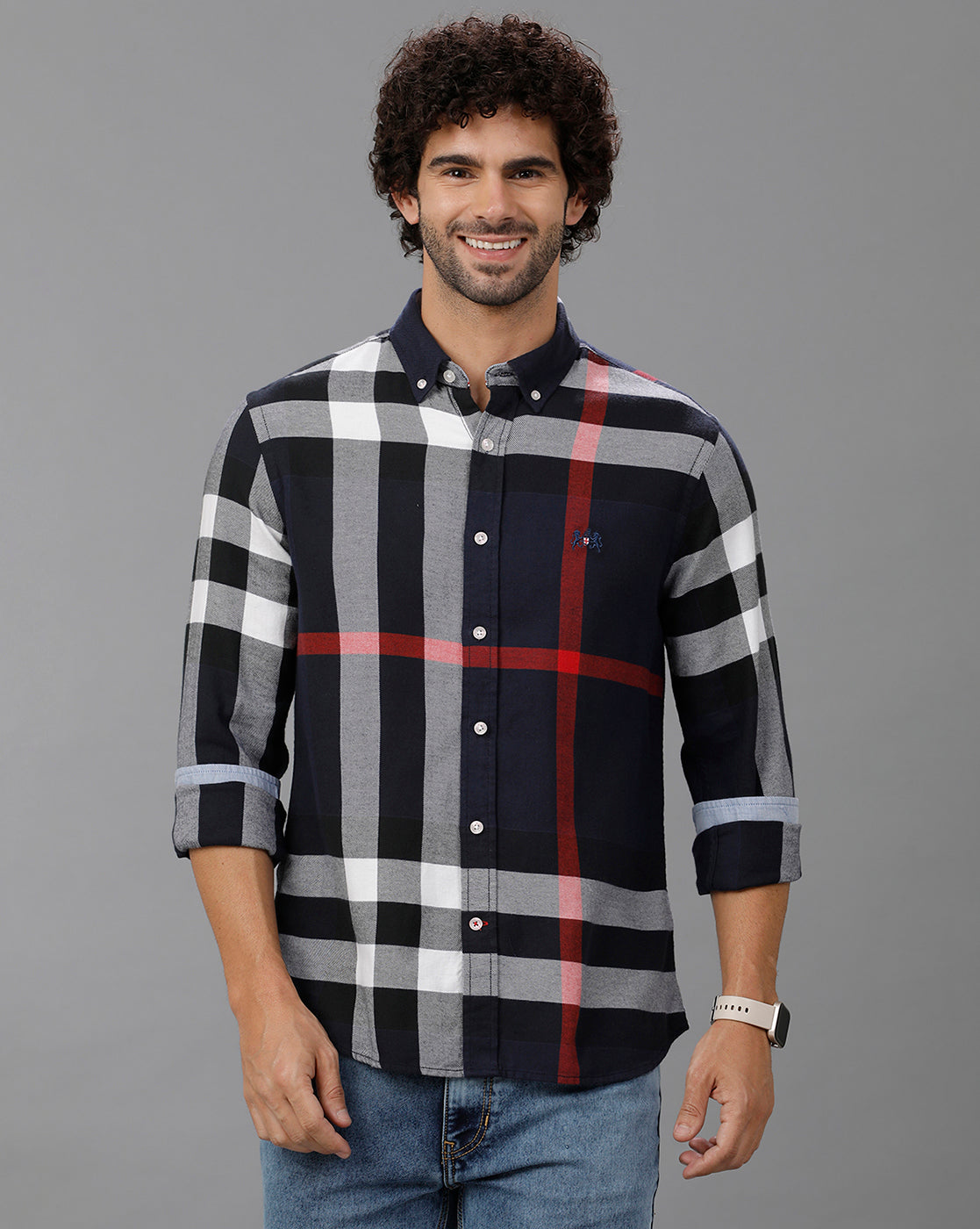 Navy Brushed Twill Checks Shirt