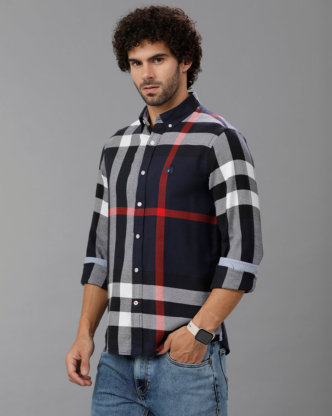 Navy Brushed Twill Checks Shirt