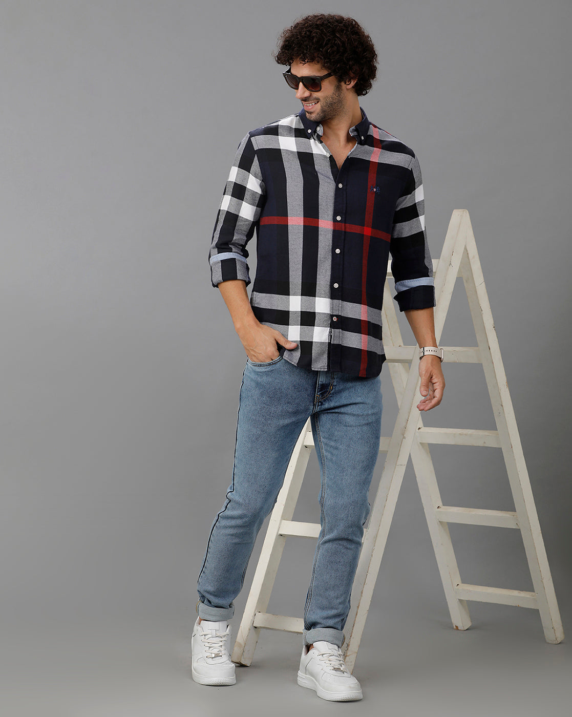 Navy Brushed Twill Checks Shirt