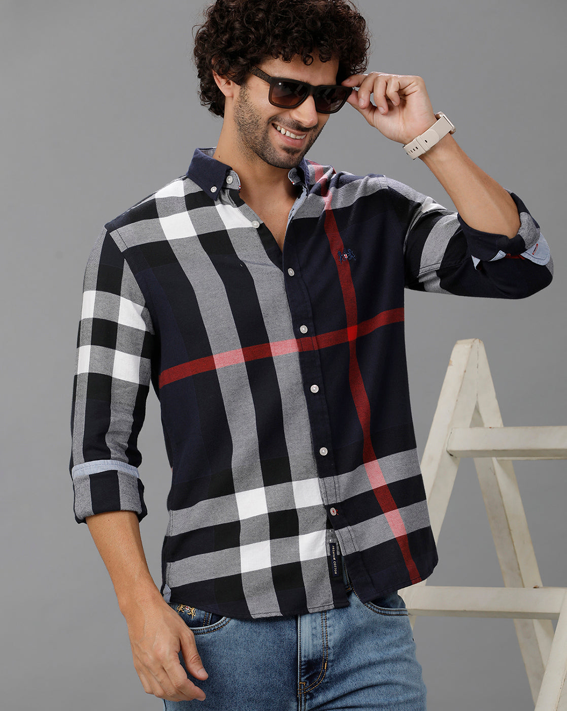 Navy Brushed Twill Checks Shirt