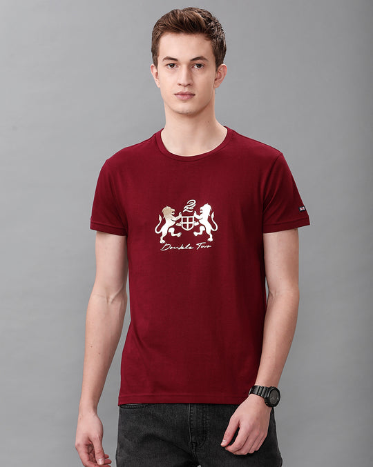Wine Fashion Printed Cotton Crew Neck T-Shirt