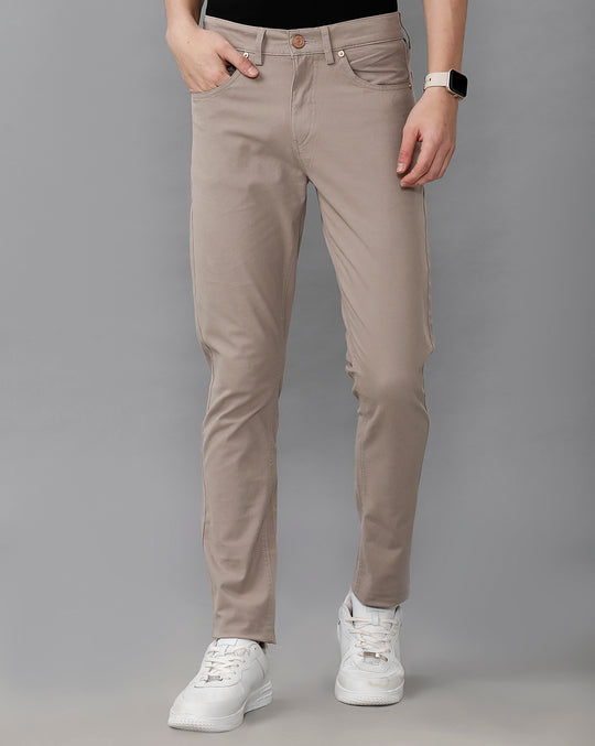 Lean Fit Gaberdine Solid Beige Cotton Trouser