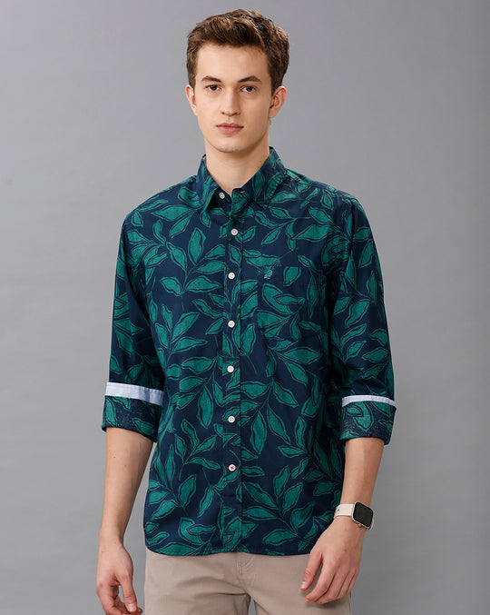 Navy Blue Printed Cotton Shirt