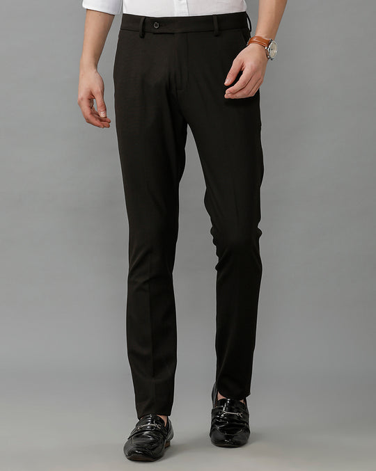 Dark Brown Formal Solid Cotton Lycra Trouser