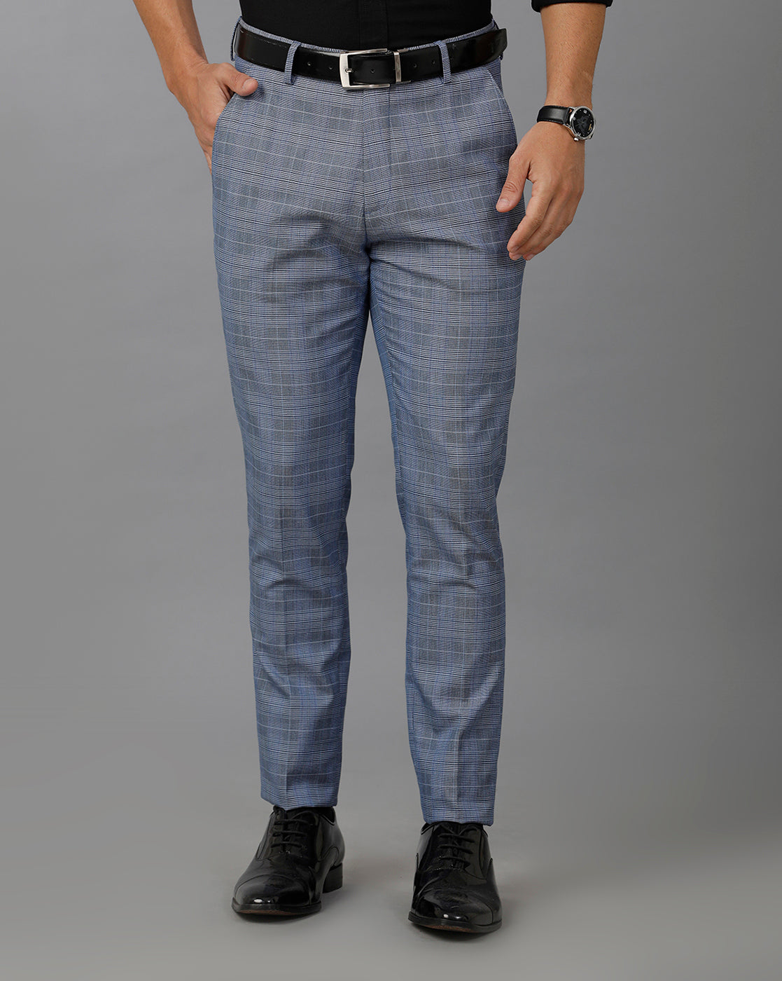 Blue/Grey Formal Checks Cotton Lycra Trouser