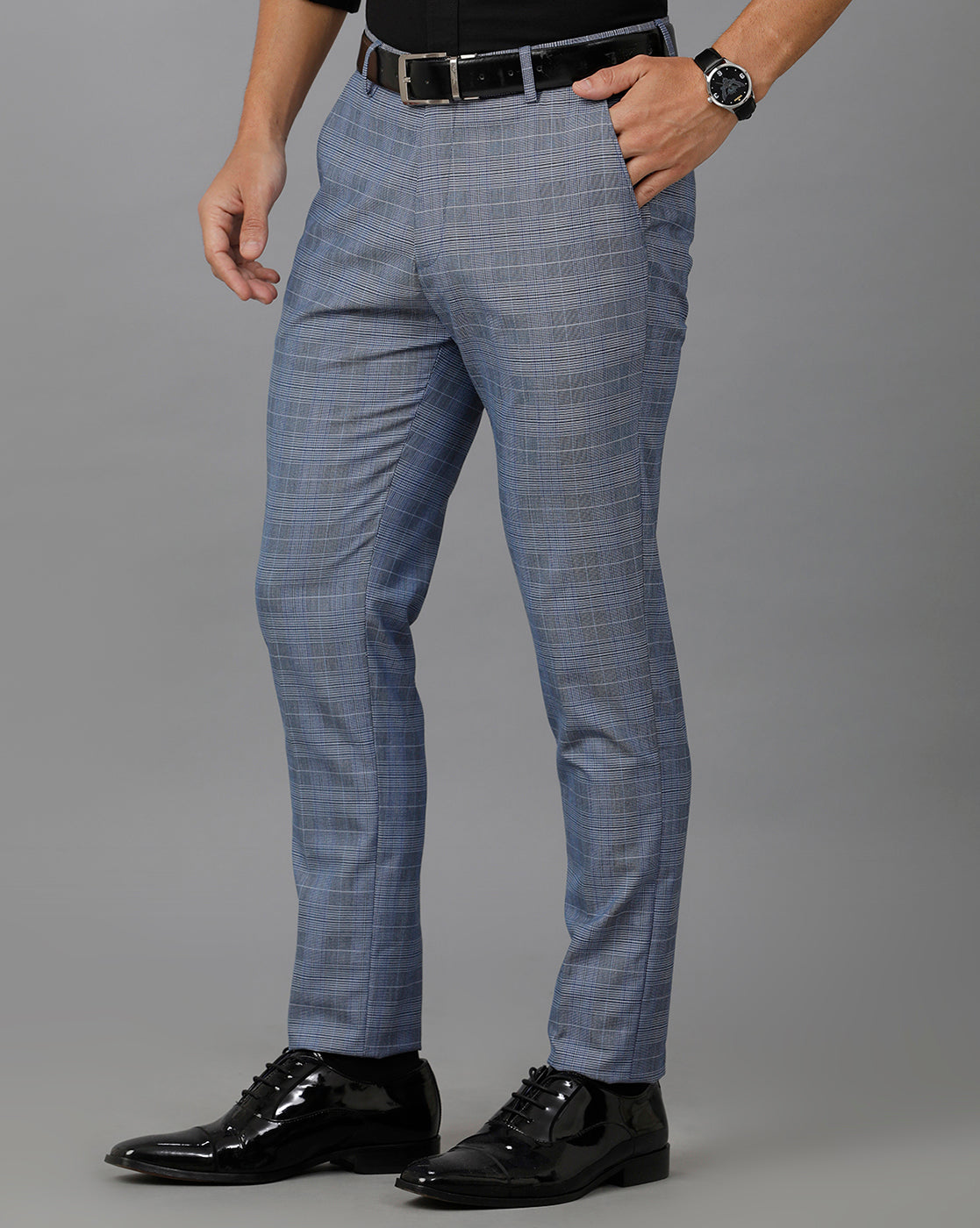 Blue/Grey Formal Checks Cotton Lycra Trouser