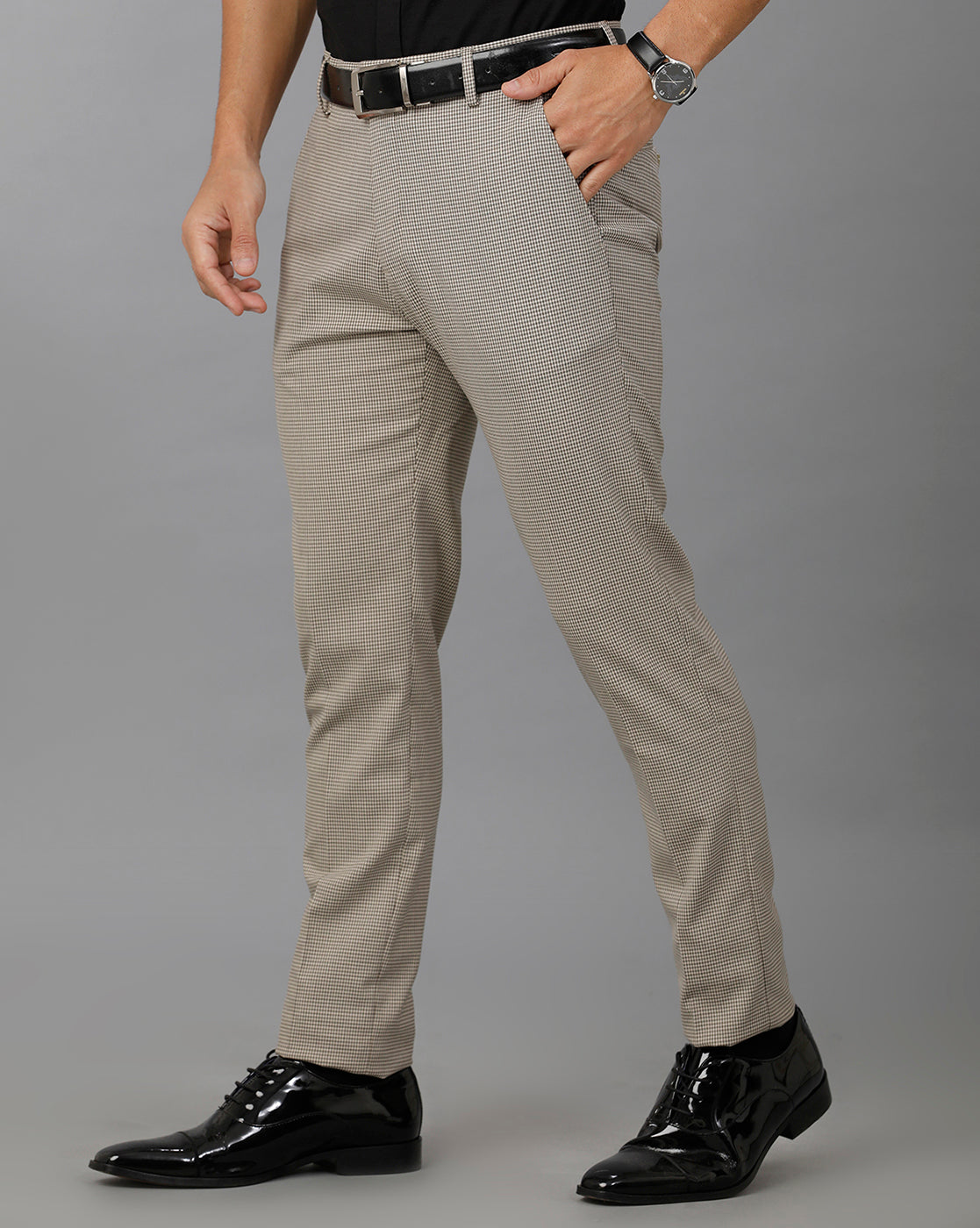 Beige/Green Formal Checks Cotton Lycra Trouser