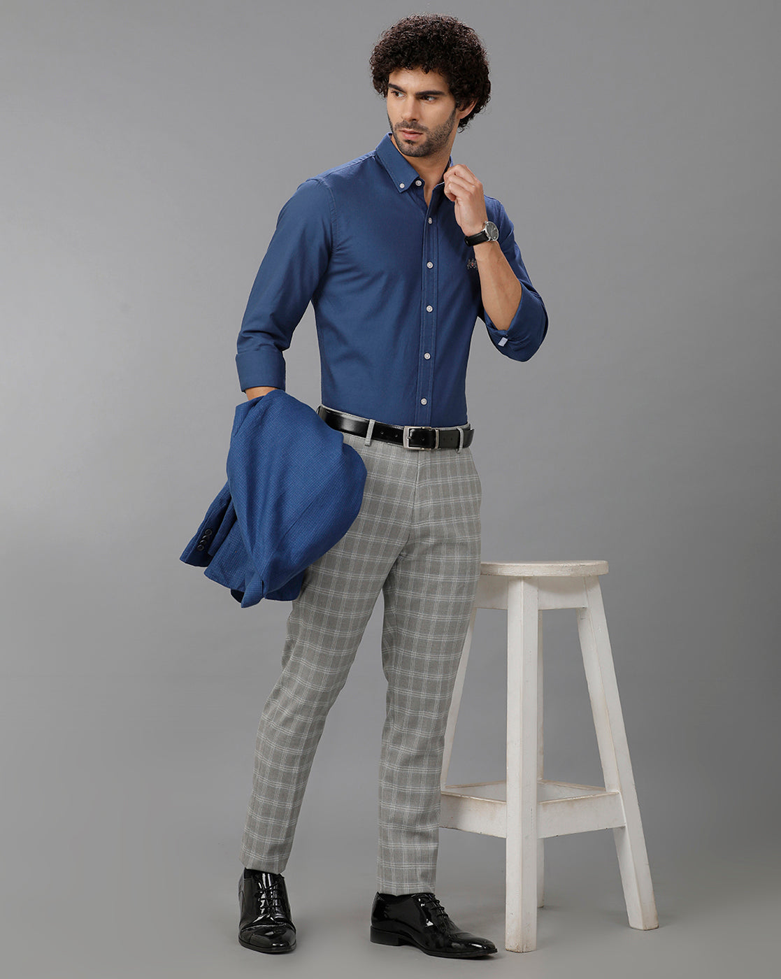 Grey Formal Checks Cotton Lycra Trouser