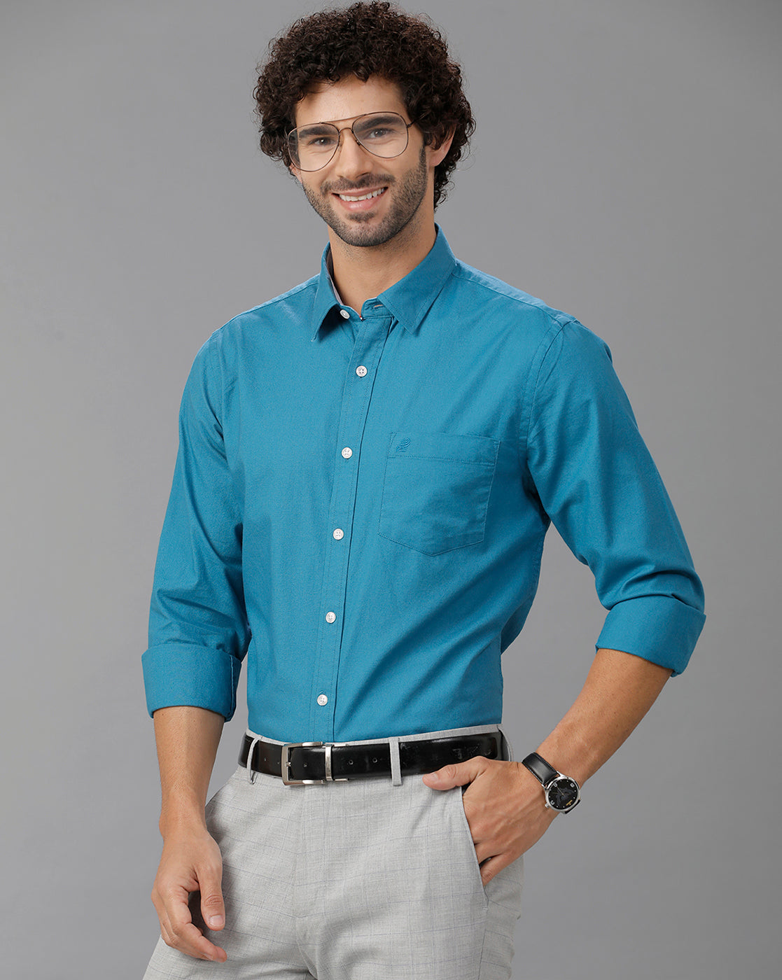 Turquoise Oxford Lycra Solid Cotton Shirt