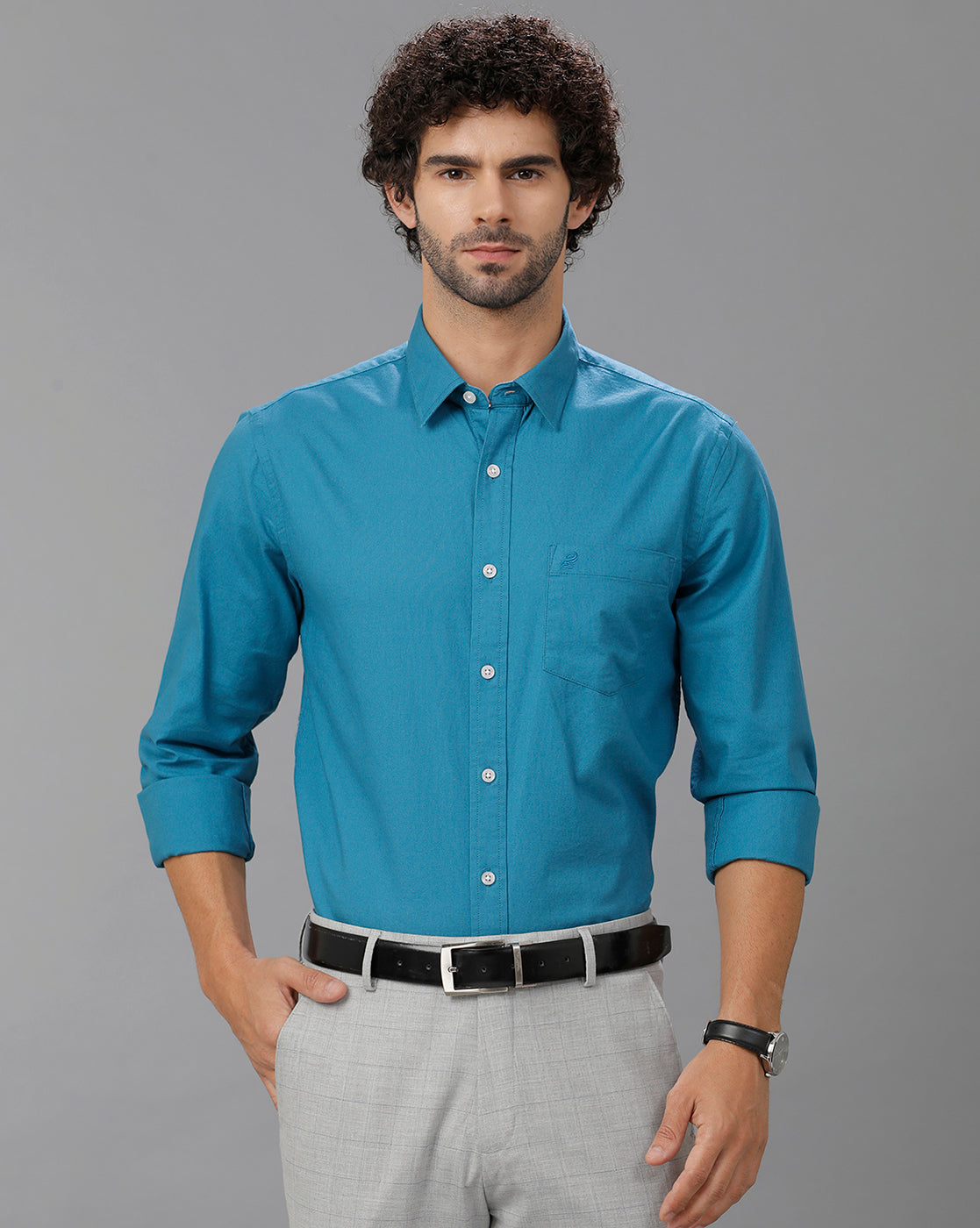 Turquoise Oxford Lycra Solid Cotton Shirt