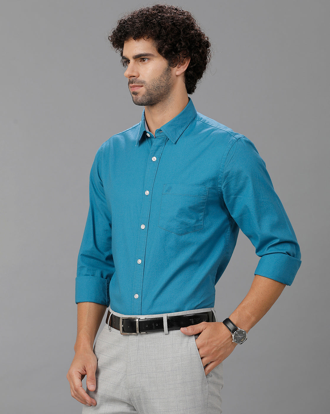 Turquoise Oxford Lycra Solid Cotton Shirt