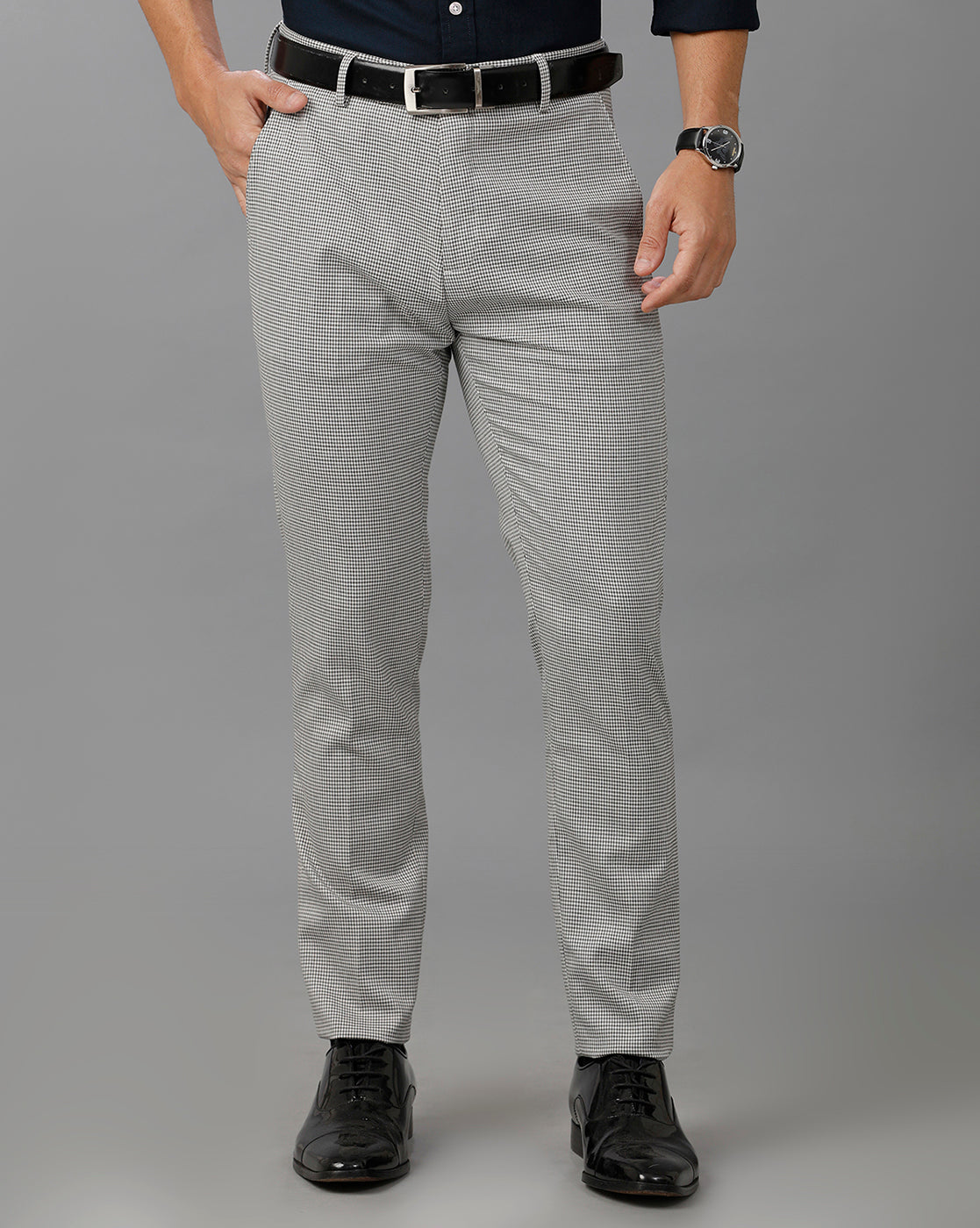 White/Grey Formal Checks Cotton Lycra Trouser