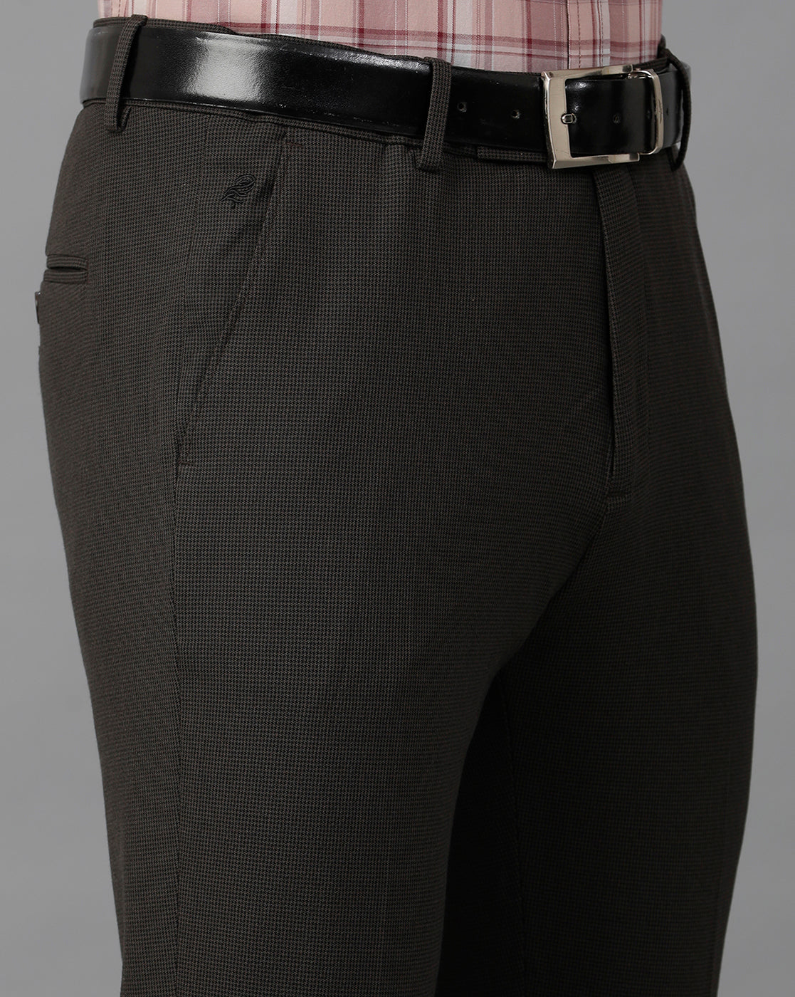 Dark Brown Formal Micro Checks Cotton Lycra Trouser