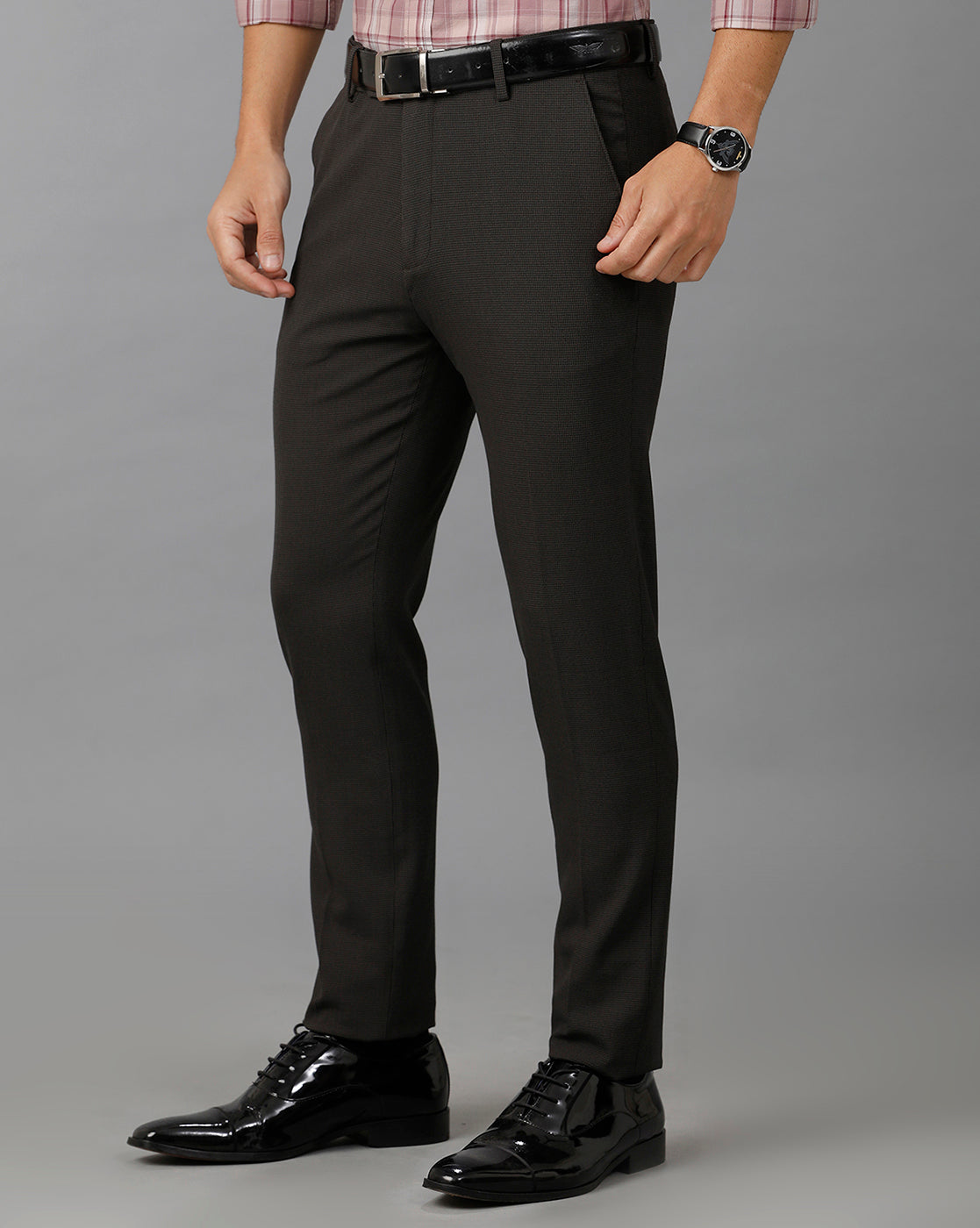 Dark Brown Formal Micro Checks Cotton Lycra Trouser